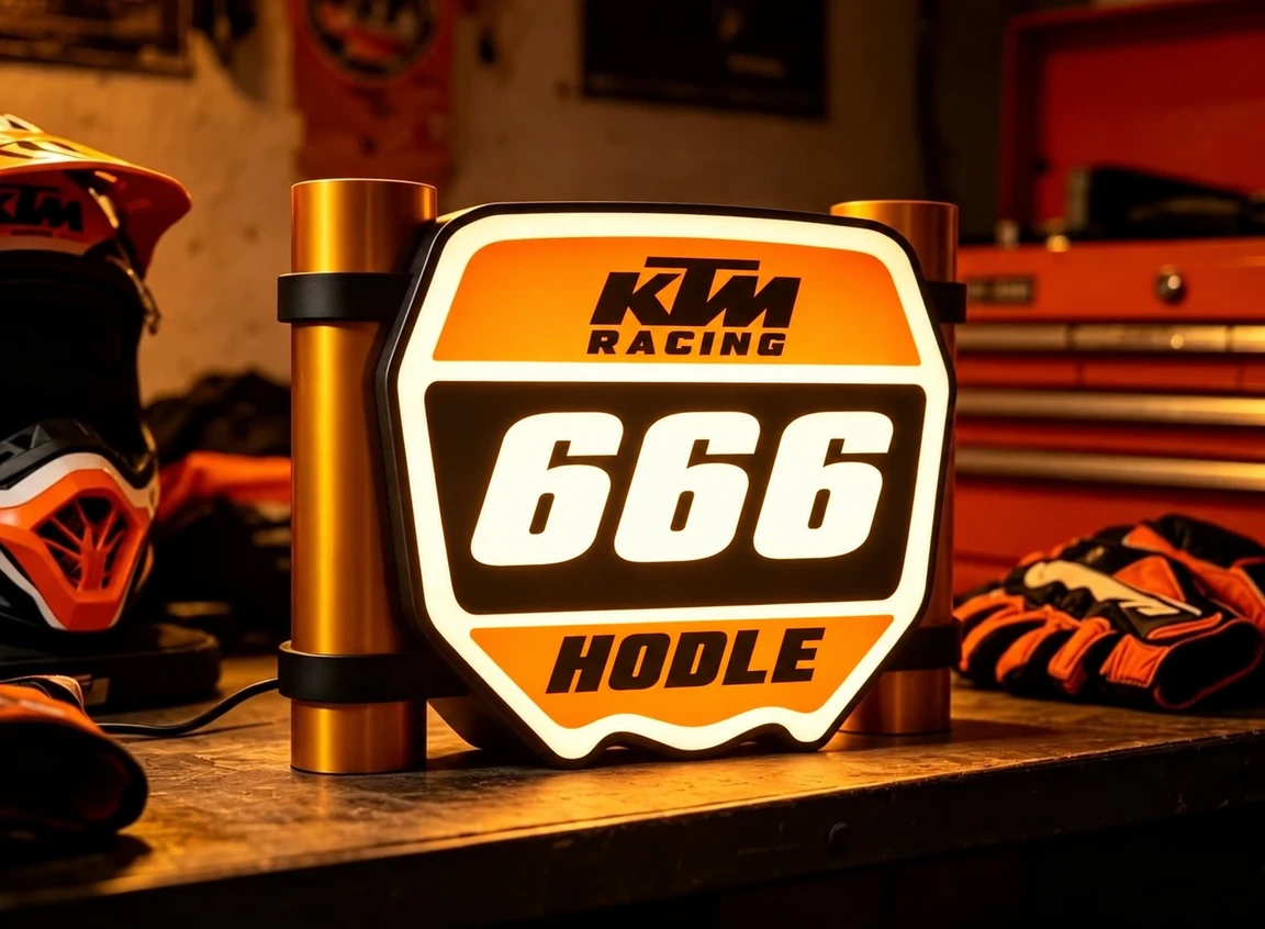 KTM number plate light box illustration with revised racing lettering, gold fork supports, orange panels and illuminated numbers.